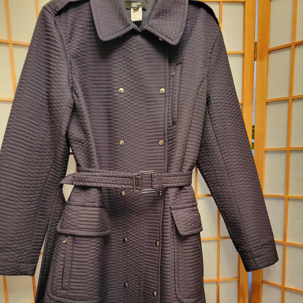 Navy Blue Quilted Belted Trench Coat